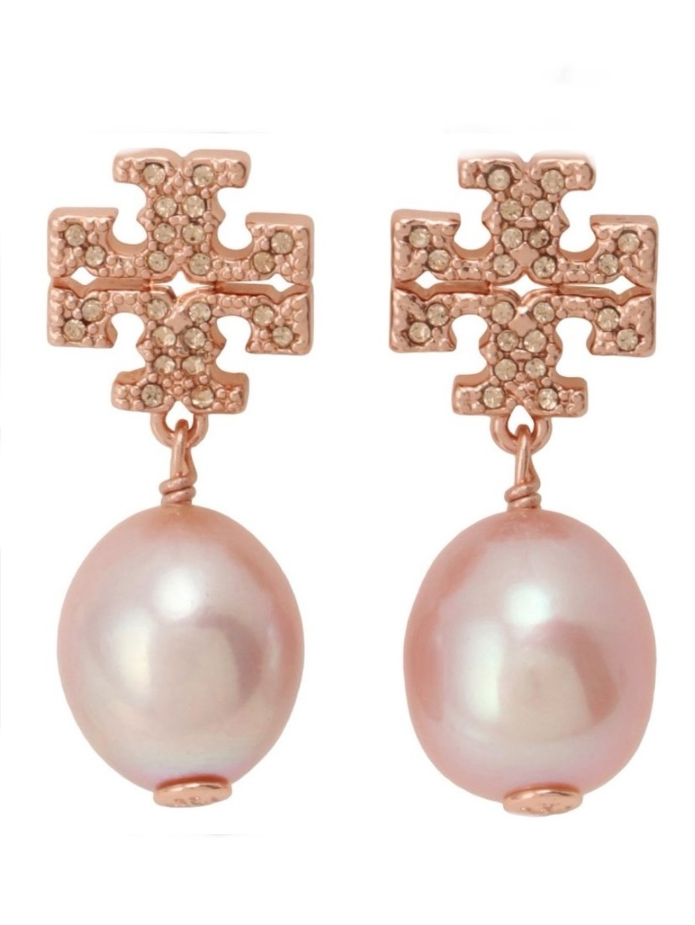 Tory Burch rose gold pavé logo drop & dangle pearl earrings